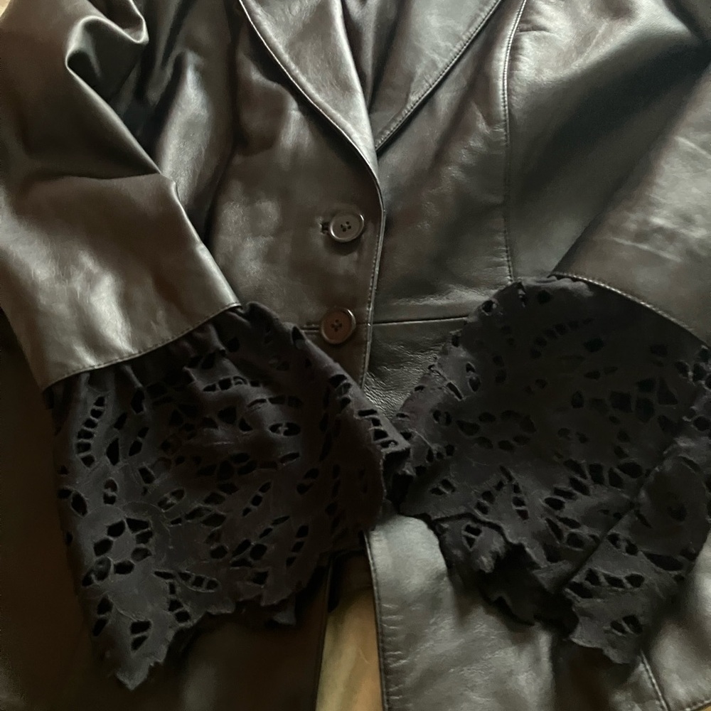 Black Leather Jacket with Lace Cuffs - Picture 6 of 8